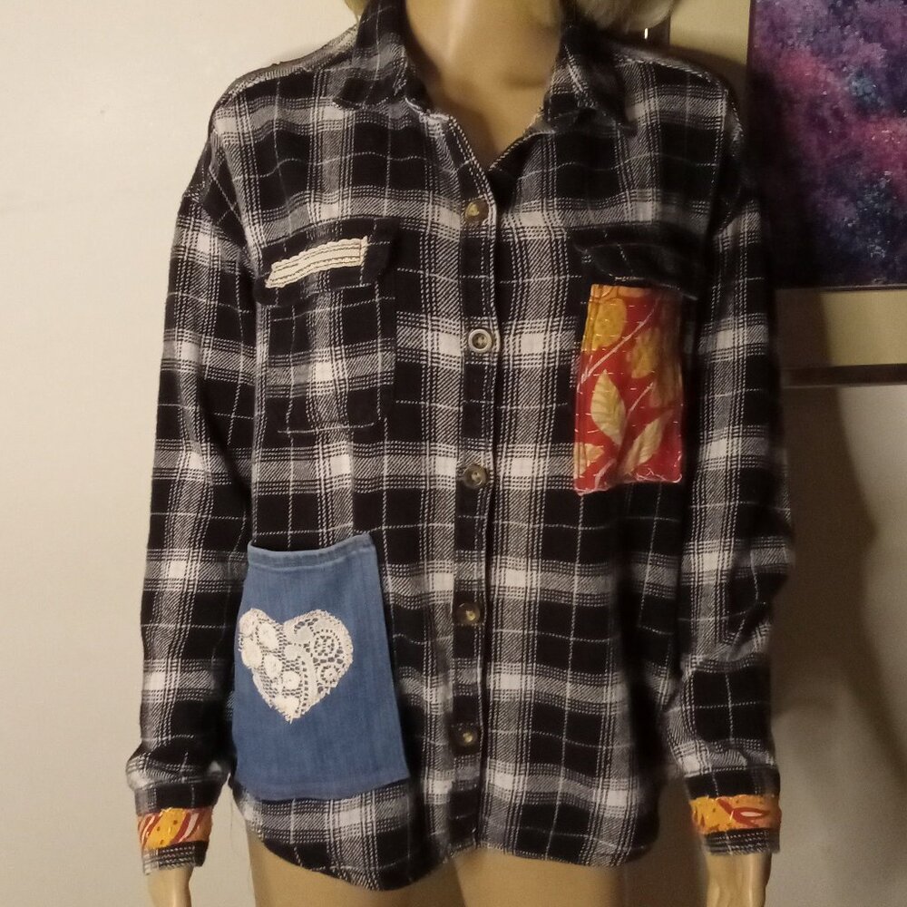 Hollister Flannel Shirt M Kantha Denim Lace Lots of Pockets Upcycled  F50.